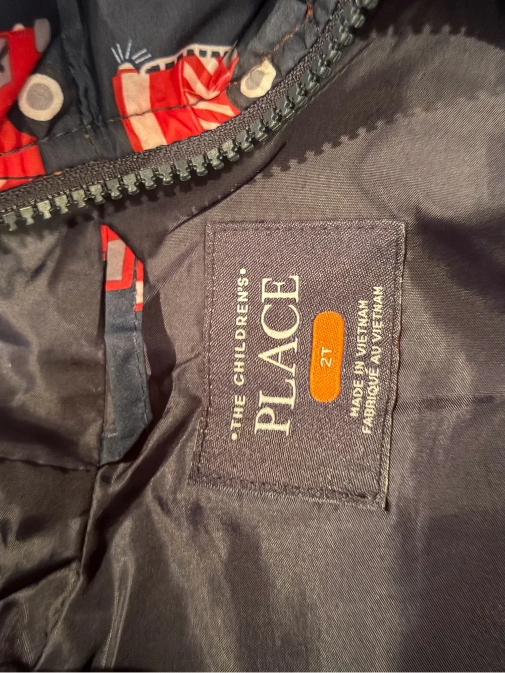 The Children's Place Navy Puffer Jacket with Red Fire Truck Print 2T like new